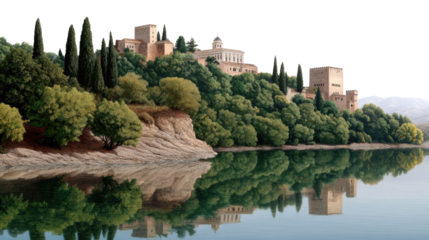Ancient Castle by the Lake: The image is showcasing a majestic ancient castle perched atop a lush green hill. The castle's reflection mirrored in the tranquil water of a pristine lake.