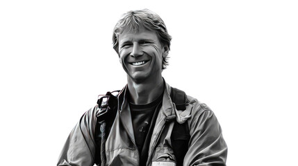 Explorer’s Genuine Smile: A portrait of a determined individual, filled with adventure, captured in a monochrome photograph, showcasing his radiating energy and confident presence.