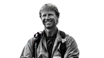 Explorer’s Genuine Smile: A portrait of a determined individual, filled with adventure, captured in a monochrome photograph, showcasing his radiating energy and confident presence.