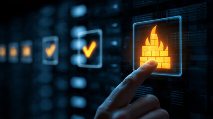 Person activating virtual firewall icon on digital interface in server room.