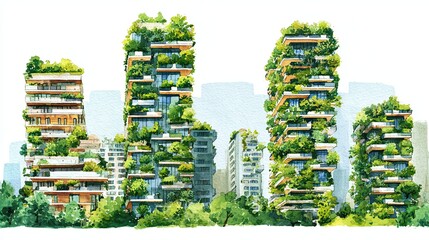 Obraz premium A vibrant illustration of modern buildings adorned with greenery, showcasing eco-friendly architecture that blends nature with urban living.