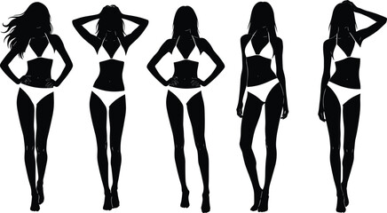 Bikini woman silhouettes, female body shapes, swimsuit fashion icons, beach girl poses, summer style design, black vector illustration, model collection set