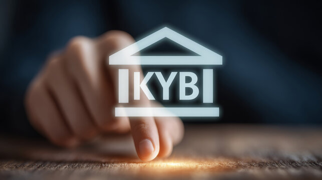 Businessperson touching glowing KYB (know your business) virtual interface symbol.