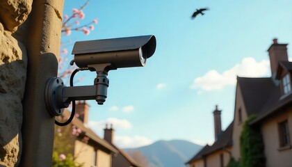 Security camera mounted on stone wall with houses and bird in the background on a bright day