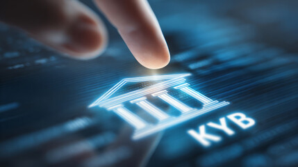 Finger touching digital interface with KYB (know your business) bank icon projection.