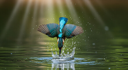 Kingfisher Diving Bird of Paradise Splashing into Water