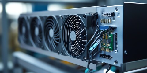 Close-up of a modern cryptocurrency mining rig with cooling fans and circuitry, showcasing advanced digital technology equipment.