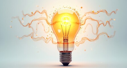 A bright, glowing light bulb emits warm light and energetic, wavy particles, symbolizing a brilliant new idea or innovation.