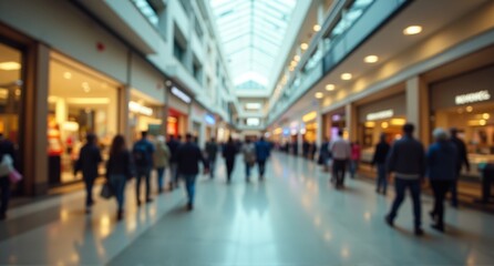 A blurred view of a busy shopping mall interior, with shoppers strolling past various retail stores under a bright skylight.