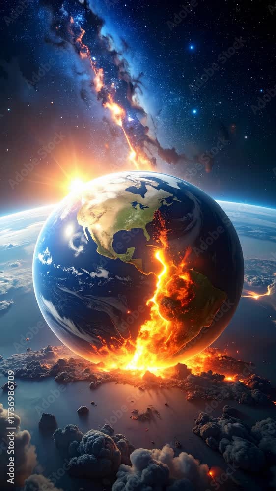 Wall mural planet earth with continents and clouds showing damage and fiery eruptions in space and starry sky
