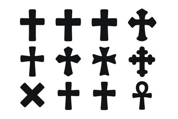Crosses icon set. Black christian cross silhouette collection. Religious and faith symbols. Vector icons of crucifix, ankh, saltire, orthodox and catholic signs for design.
