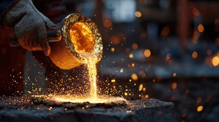 Medium shot of a worker wearing heatresistant gloves carefully pouring molten gold from a crucible with sparks flying the glowing gold in sharp focus against a blurred industrial