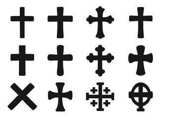 Christian cross icon set. Religious symbols collection. Black silhouettes of various crucifix shapes. Latin, Greek, Celtic, Jerusalem cross. Vector for faith & spirituality.