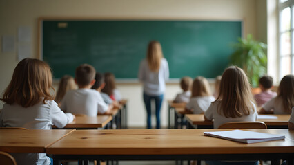 Wooden desk in front, colorful blurred classroom background with education posters, blackboard and shelves.
