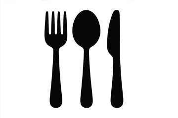 Cutlery silhouette icon set with fork, knife, and spoon. Simple black vector graphic for restaurant menu, dining, food, meal, kitchenware, tableware, and eating utensils.