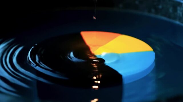 Colorful segmented circle floats on dark water rays ripple outward as a droplet nears. beneath glow