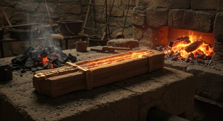 Ancient Forge: Molten Metal Sword Casting in Fire