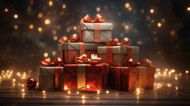 A stack of beautifully wrapped christmas presents with ribbons and bokeh lights.