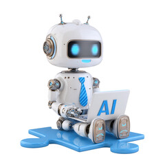 Friendly AI Robot with Laptop on Transparent Background