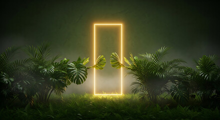Neon Portal Jungle Glowing Rectangle Frame in Lush Greenery