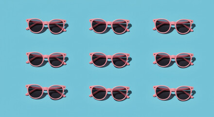 Stylish pink sunglasses arranged in a neat grid pattern, perfect for summer fashion and accessory promotions