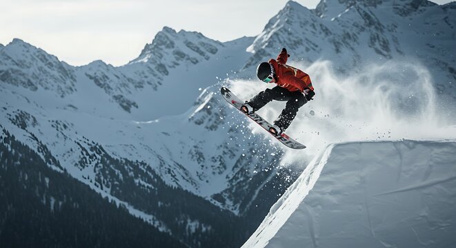 Spectacular snowboarder launches a jump against a backdrop of alpine peaks