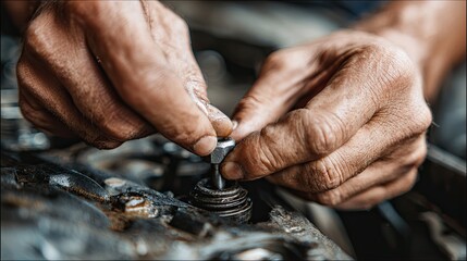 A mechanic's hands work on an engine component, showcasing precision and skill in automotive repair.