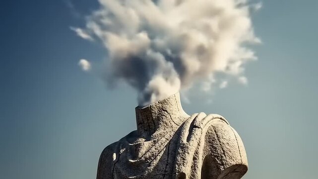 Statue Head Exploding into Clouds Surreal Concept Art.