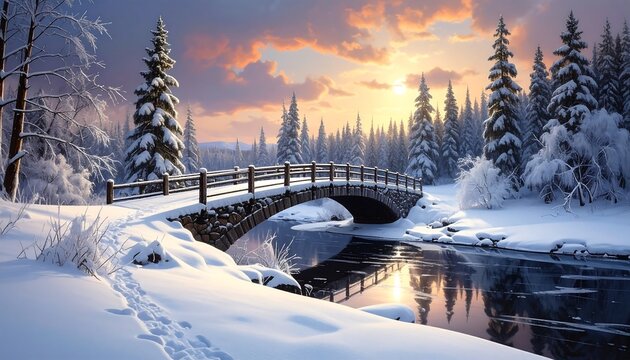 Snowy bridge at sunset