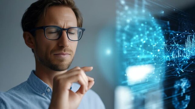 Shows professional male using advanced augmented reality or virtual reality technology, symbolizing digital transformation. Scene conveys innovation, connectivity, future human computer interaction