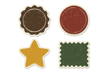 Vector set of grunge badges and retro stickers. Distressed textured labels and blank icons. Vintage design elements collection: star, circle, stamp shapes. Empty template.