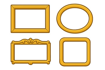 Golden frame vector set. Collection of isolated cartoon gold picture frames. Decorative empty borders in various shapes: oval, rectangle, square, and ornate vintage baroque.