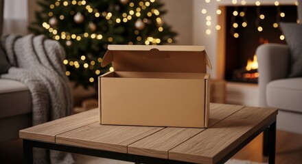 Brown Box Christmas Mockup Product Packaging Delivery Parcel Festive Background