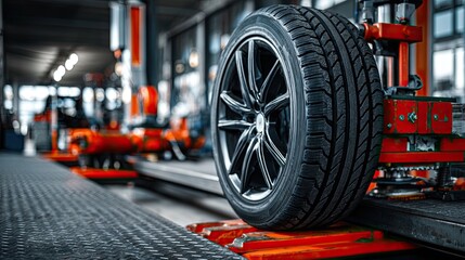 Fototapeta premium A close-up of a black alloy wheel on a tire machine within a modern garage, showcasing intricate details against a blurred workshop backdrop.