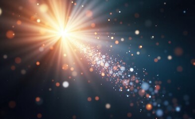 Naklejka premium A radiant golden light bursts forth, casting a stream of shimmering, abstract particles across a dark, ethereal background.