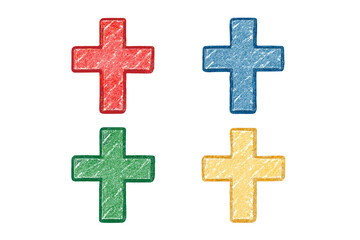 Obraz premium Set of colorful Christian crosses. Hand-drawn crayon sketch illustration. Religious faith symbol for Easter, church, Bible study. Vector icon pack isolated on white.