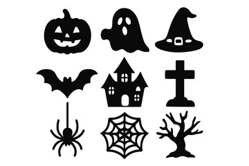 Halloween icon set silhouette. Spooky collection with pumpkin, ghost, witch hat, bat, haunted house, spider, and web. Black scary vector graphic for autumn holiday design.
