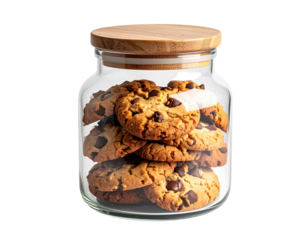 A glass jar filled with chocolate chip cookies