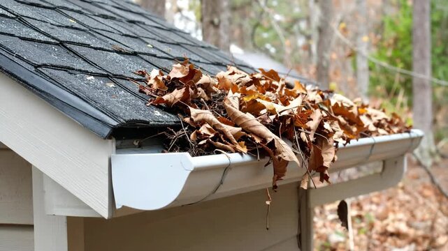 Clogged rain gutter filled with autumn leaves on the edge of house roof, maintenance needed to prevent water damage