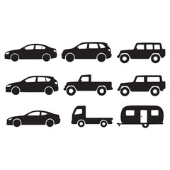 Fototapeta premium Set of black car silhouettes including sedan, SUV, jeep, pickup truck, van, and caravan trailer. Collection of different automobile types isolated on white background