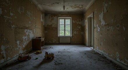 Interior view of an abandoned room with peeling paint and scattered children's toys on the floor.
