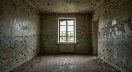 Obraz premium Dilapidated interior room showcases peeling paint and decaying walls under natural light.
