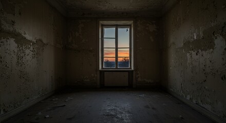 Obraz premium Dilapidated room shows sunset outside the window, decay contrasts beauty in a desolate scene.