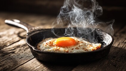 Steaming sunny-side-up egg cooking in a rustic, dark cast iron skillet on a wooden surface