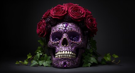 Ornate purple sugar skull adorned with ruby roses and green ivy against a dark background.