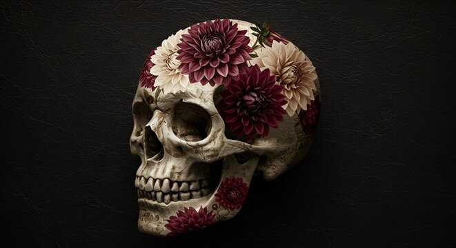 Artistic rendering of a human skull adorned with burgundy and white flowers against a dark backdrop. - Powered by Adobe