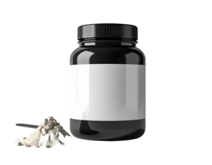 Black supplement bottle with powder