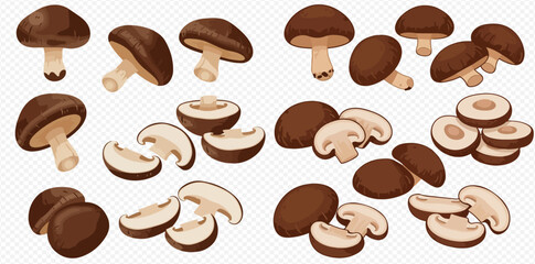 A collection of fresh brown mushrooms, some whole and some sliced, ready for cooking.