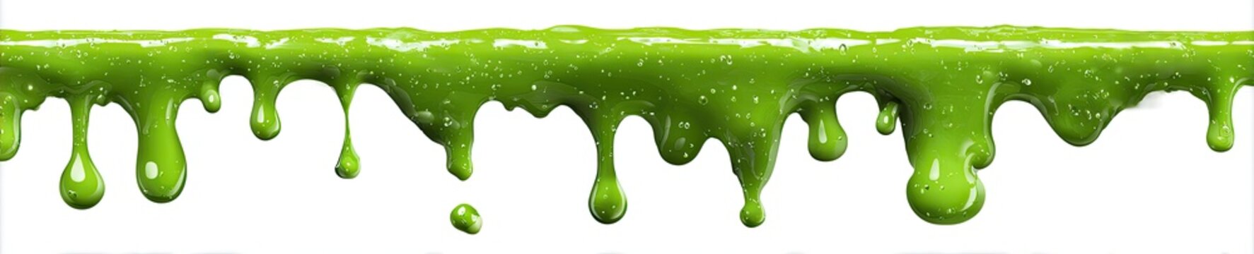 A close-up of dripping green liquid, resembling slime or paint, against a white background