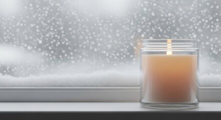 Cozy Winter Candle by Snowy Window Still Life Home Decor Relaxation